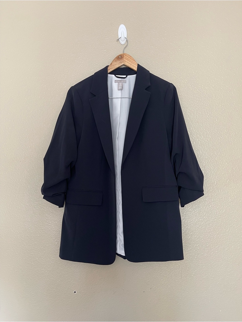 H&M Navy Blue Open Front Ruched Sleeves Blazer Size M